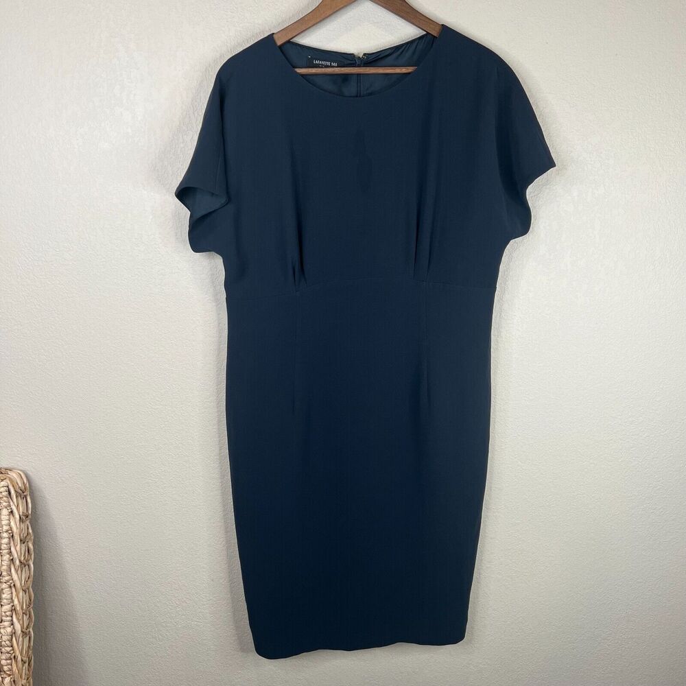 La Fayette 148 New York Marion Sheath Dress Sz 14 Navy Crepe Cap Sleeves Career